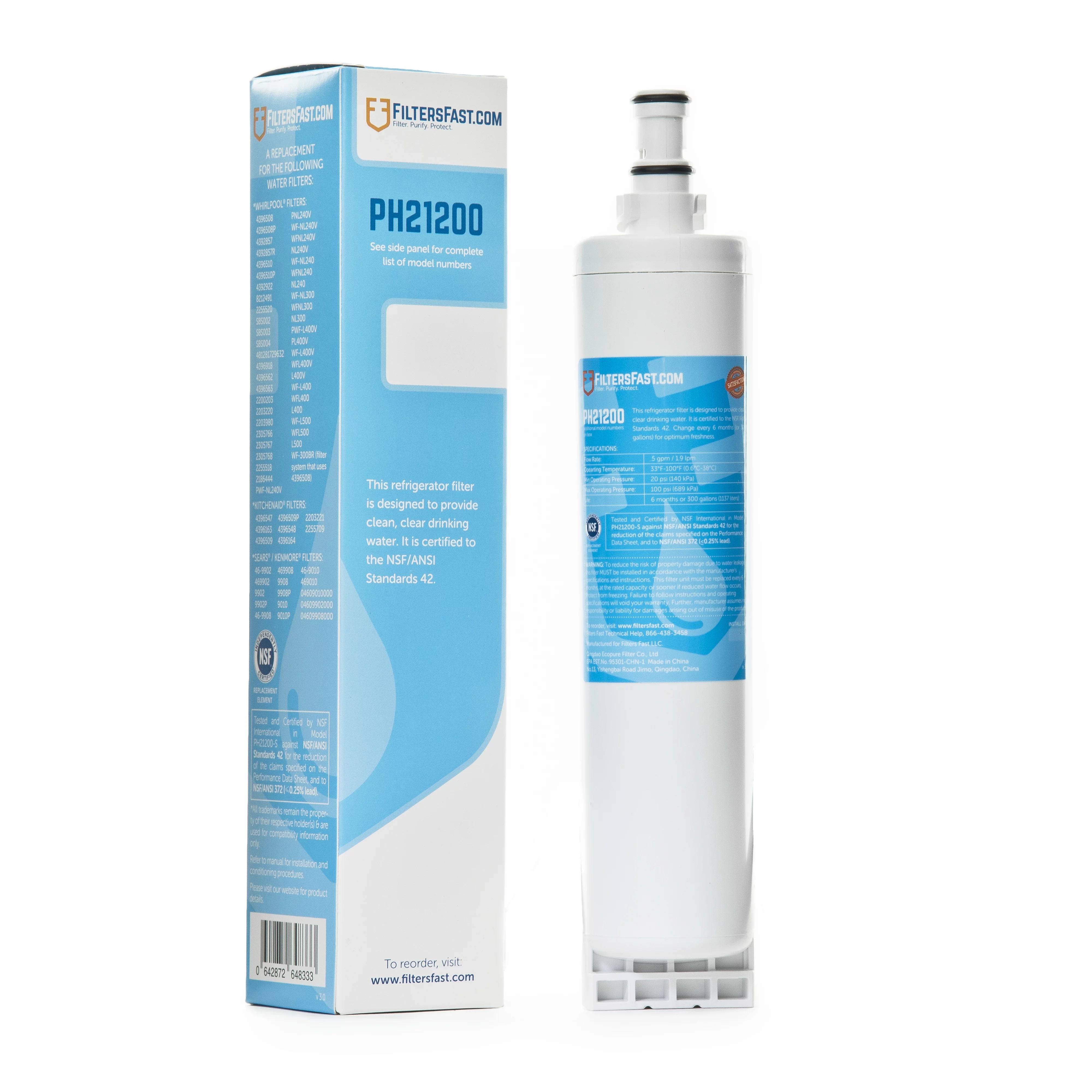 PureH2O Refrigerator Water Filter PH21200 - Replacement for Whirlpool 4396508, EDR5RXD1, Kenmore 46-9010, 46-9908, 46-9902