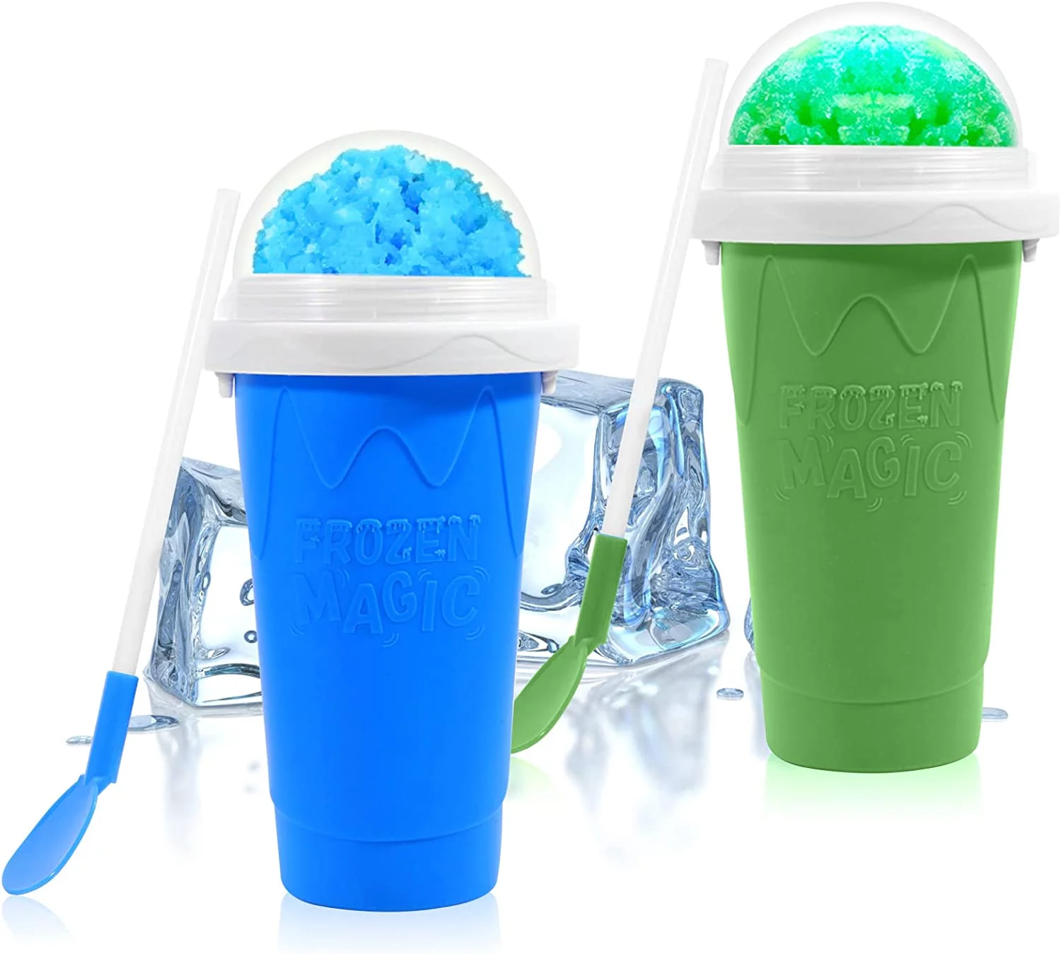 Ragnify Slushy Cup 2 Pack Slushie Maker Ice Cup Silica Cup Pinch Cup Summer Cooler Smoothies Cup Double Layer Squeeze Cup Slush Maker Cup Home DIY Smoothie Cup for Children and Adult (Blue & Green)