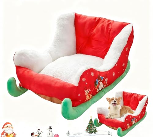 Christmas Sleigh Dog Bed, 23.6x14.9x11 Inch Interesting Plush Cat Dog Bed, Santa Pet Festive Nest for Cat Dog, Christmas Holiday Themed Pet Bed for Winter, Washable Indoor and Outdoor Pet Bed