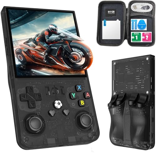 R36MAX Upgraded Retro Gaming Console,4.0 inch IPS Screen,Linux System with Professional RK3326 Gaming Chip, Retro Handheld Game Console Built-in 18000+ Games,4000mAh Large Battery (Transparent Black)