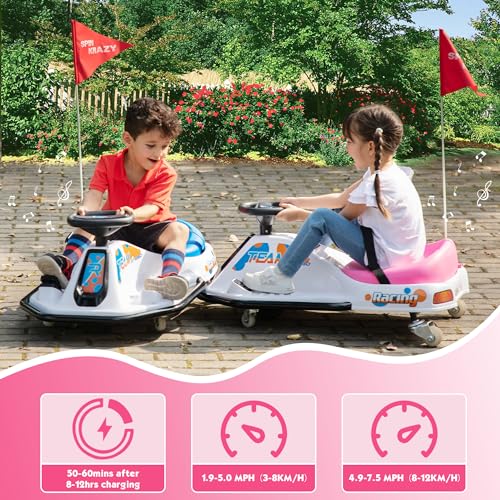TOBBI 24V Electric Go Kart for Kids Ages 6+, Ride On Drift Go Carts Up to 7.5 mph Variable Speed, High/Low Speed, Brushless Motor, with USB Port, LED Lights, MP3, Victory Flag (Pink-White)