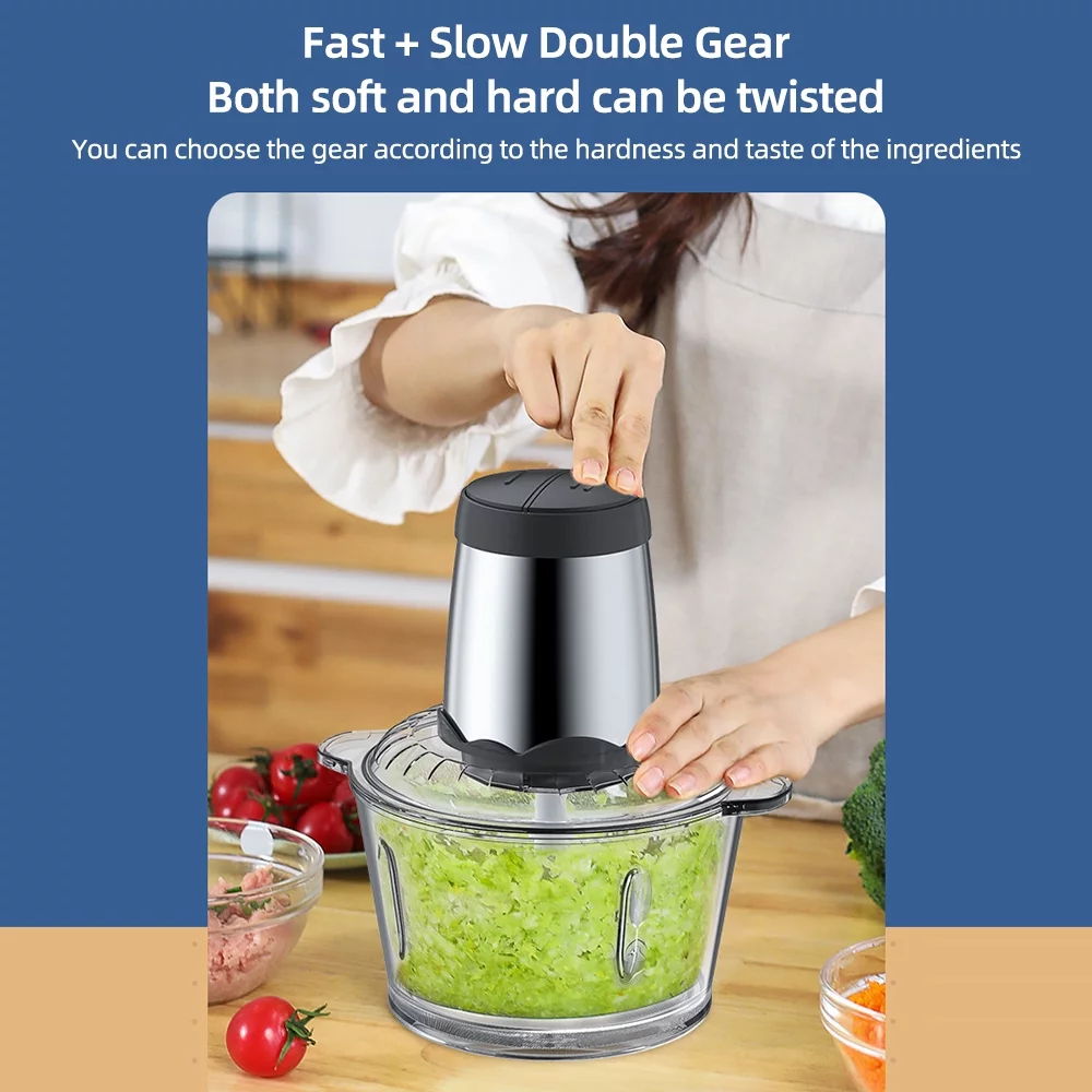 Electric Meat Grinder 2L Large Household Capacity Thickened Glass 2 Gears 300W High Power Kitchen Cooker Blender