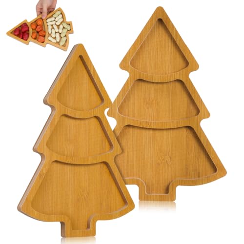 2Pcs Christmas Tree Shaped Wooden Serving Platters- Multi-compartment Trays Christmas Platter for Fruits, Nuts, Appetizers,Cheese, Holiday Parties Restaurant Xmas Entertaining