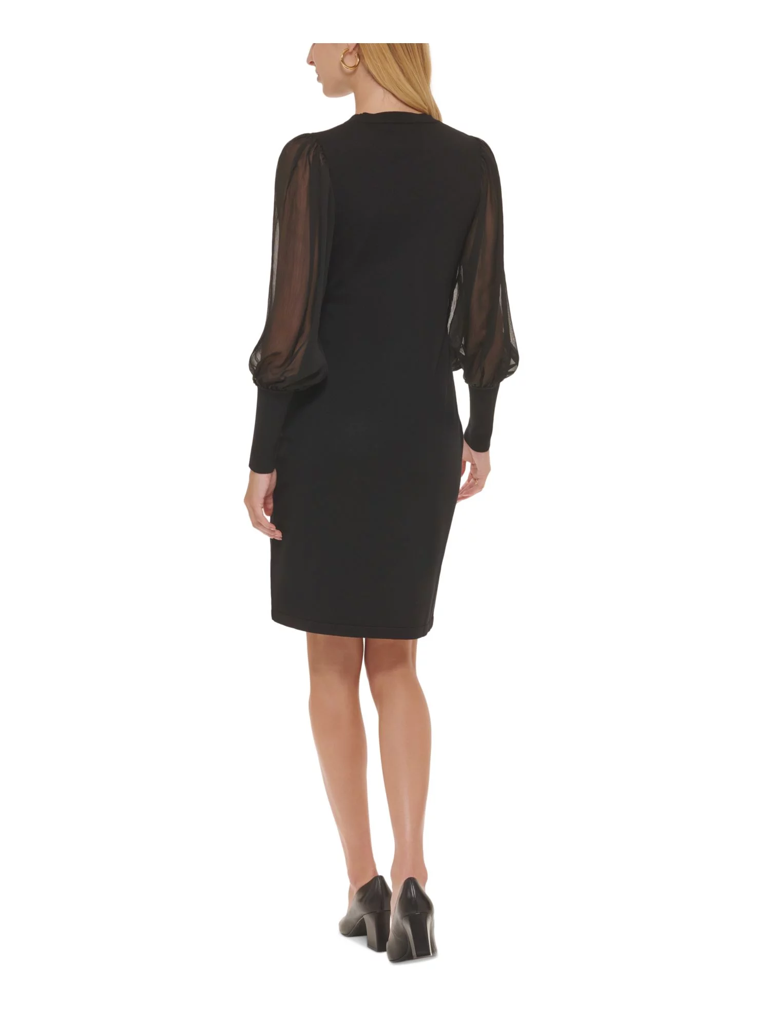 DKNY Womens Black Stretch Ribbed Sheer Unlined Blouson Sleeve Crew Neck Knee Length Wear To Work Sheath Dress M