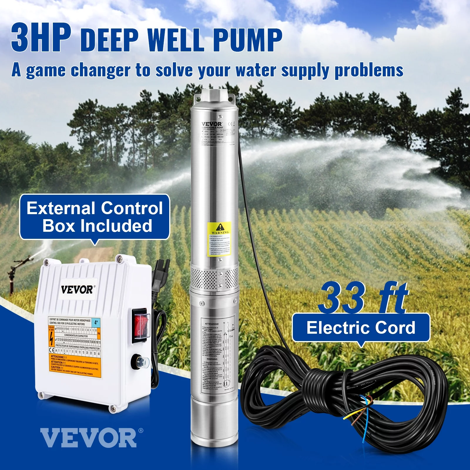 VEVOR Deep Well Submersible Pump, 3HP 230V/60Hz, 37GPM 640 ft Head, with 33 ft Cord & External Control Box, 4 inch Stainless Steel Water Pumps for Industrial, Irrigation and Home Use, IP68 Waterproof