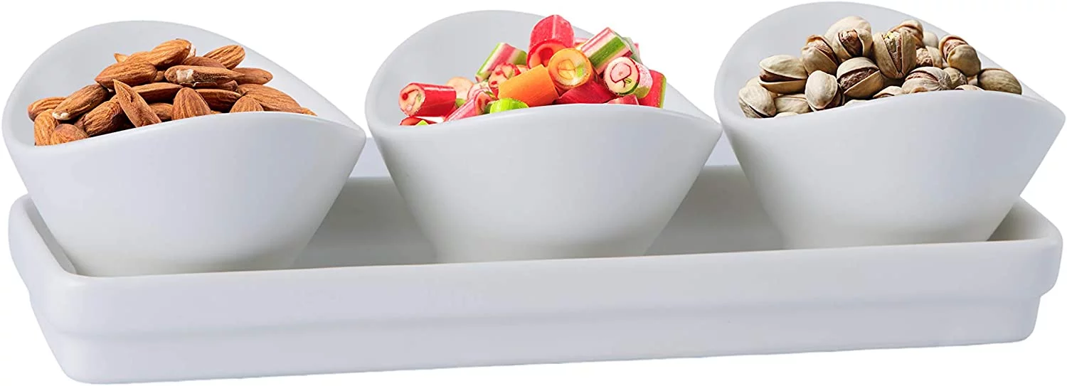 Bruntmor 4 Piece Tray Set With Three Compartment Serving Curvy Bowls Porcelain