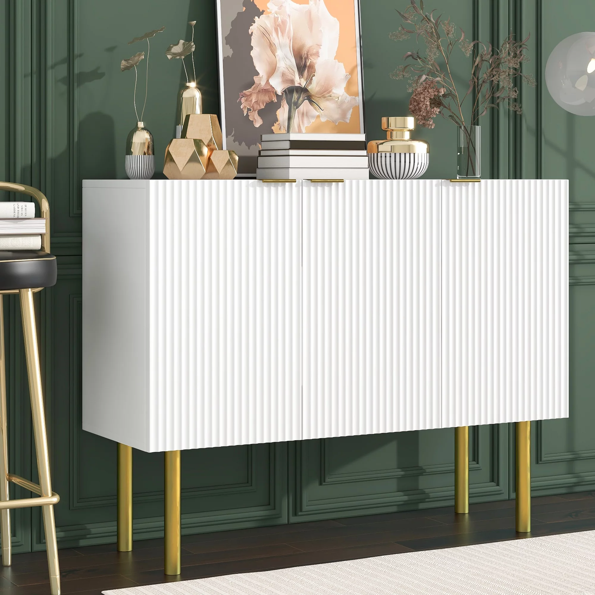 White Buffet Sideboard Cabinet with Gold Metal Legs & Handles & Adjustable Shelves