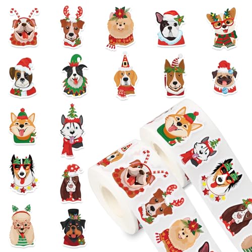 1000Pcs Christmas Stickers Xmas Puppy Dogs Self-Adhesive Sticker Decals for Journal Scrapbook Decor Birthday Baby Shower Holiday Party, 16 Designs, 2 Rolls