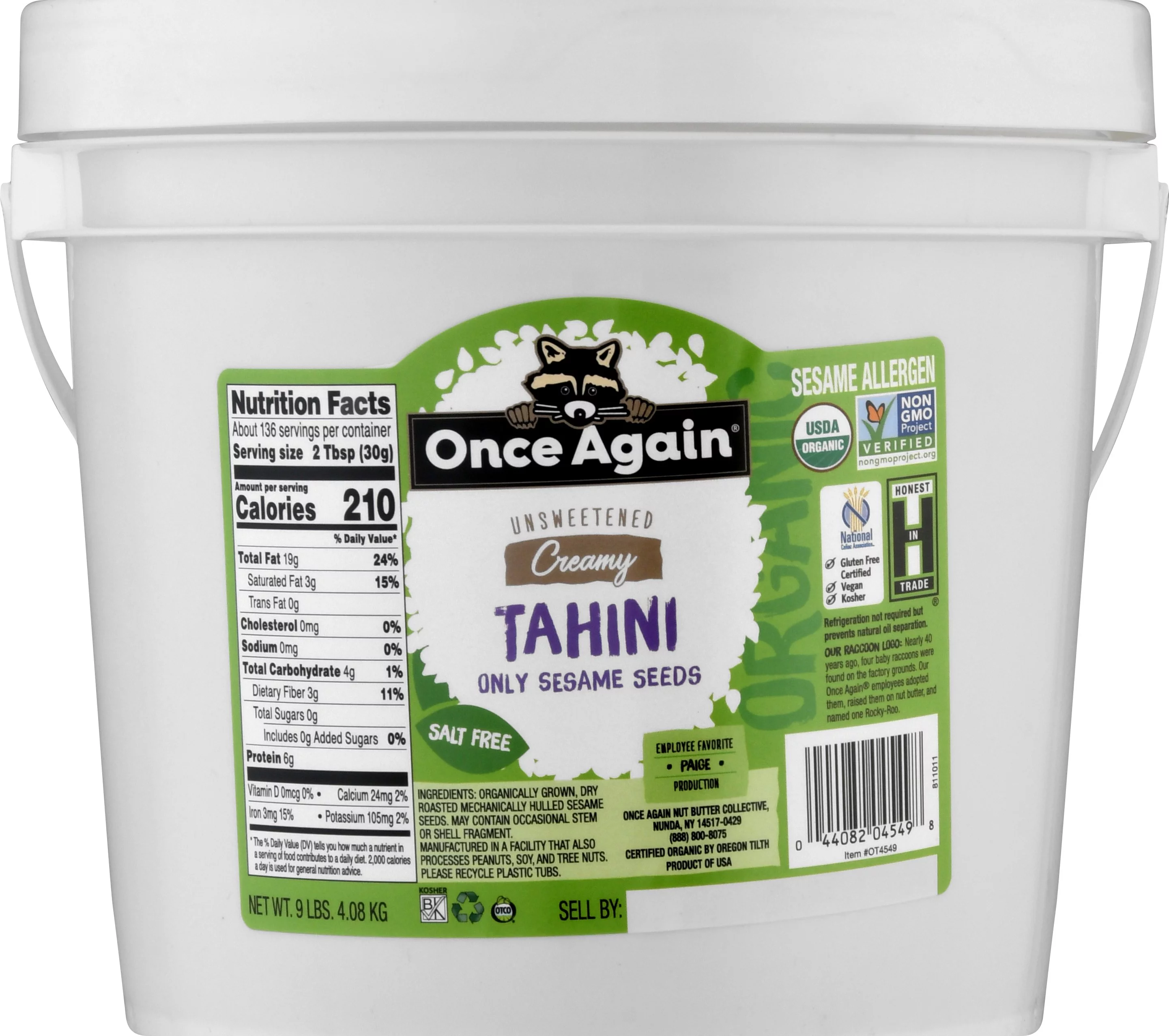 Once Again Nut Butter Once Again Organic Tahini, 9 lb