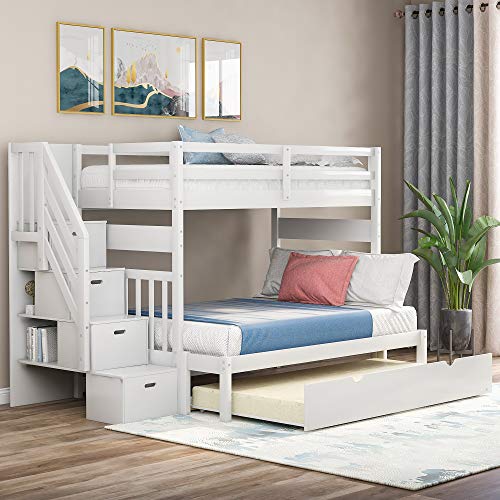 Twin over Full Bunk Bed with Trundle, Wood Bunk Bed with Storage Cabinet and Drawers, Convertible Bunk Beds Twin over Full Size Split into 3 Beds for Kids, Teens, Adults, Noise-reduced, White