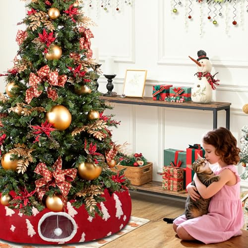 LUCKITTY Christmas Snowflake Print Cat Tunnel Under Tree, Velvet-Touch Jacquard Fabric with Hanging Plush Ball, 10-Inch Diameter 3-Ft Wide Round Pet Tube - Plush & Festive Cat Diversion Red