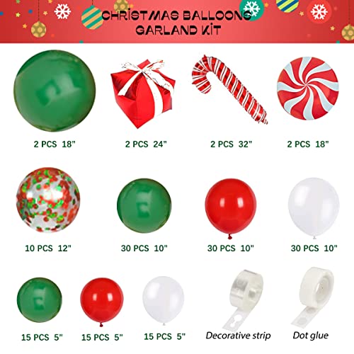Christmas Balloons Garland Arch Kit, Xmas Red Green White Confetti Balloons with Candy Cane Foil Balloons for Christmas Party Birthday Xmas Party Decorations