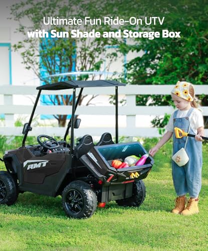 ELEMARA 24V Ride on Toy for Big Kid,Ride on Car 2 Seater w/Sun Shade,Dump Bed & Shovel,4.5MPH,4WD Electric Car for Kids,Battery Car w/Remote,Kids Ride on Truck,3 Speeds,LED Lights,Bluetooth, Pink