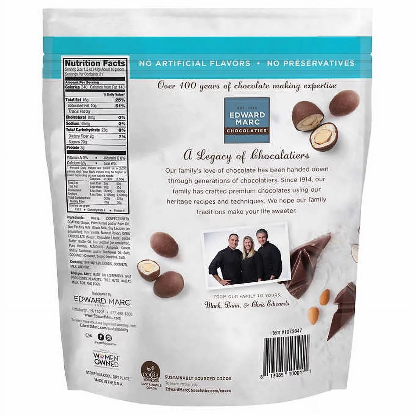 Edward Marc Chocolatier Coconut Almonds with Dark Chocolate 32 oz.