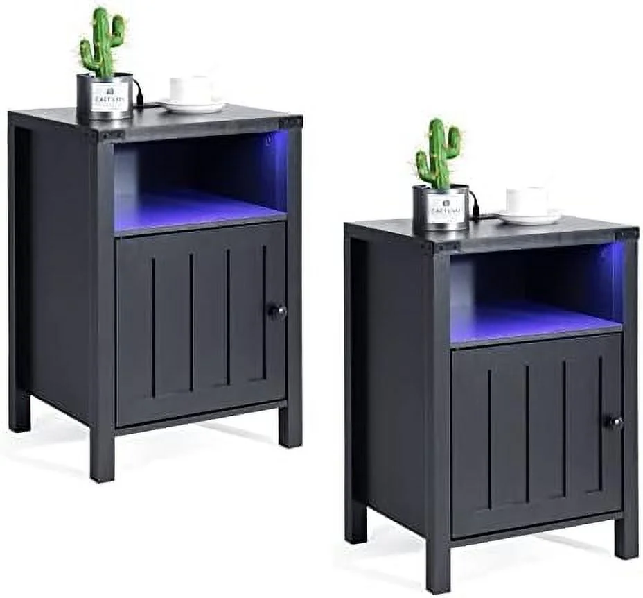 TJUNBOLIFE Nightstand with LED Strip Lights and Charging Station  2 USB Ports  2 Outlets  Barn Door Cabinet End Table  Bed  with Remote  Open  for Bedroom  Living Room    Grey