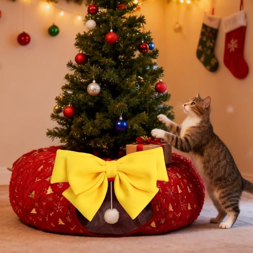 Homimp Christmas Cat Tunnel for Indoor with Bowtie, Cat Christmas Tree Large Tube Playground with Washable Circle Cushion and Plush Ball Toy, Round Pet Peekaboo Cave Toy for Kitten/Puppy/Rabbit,Red