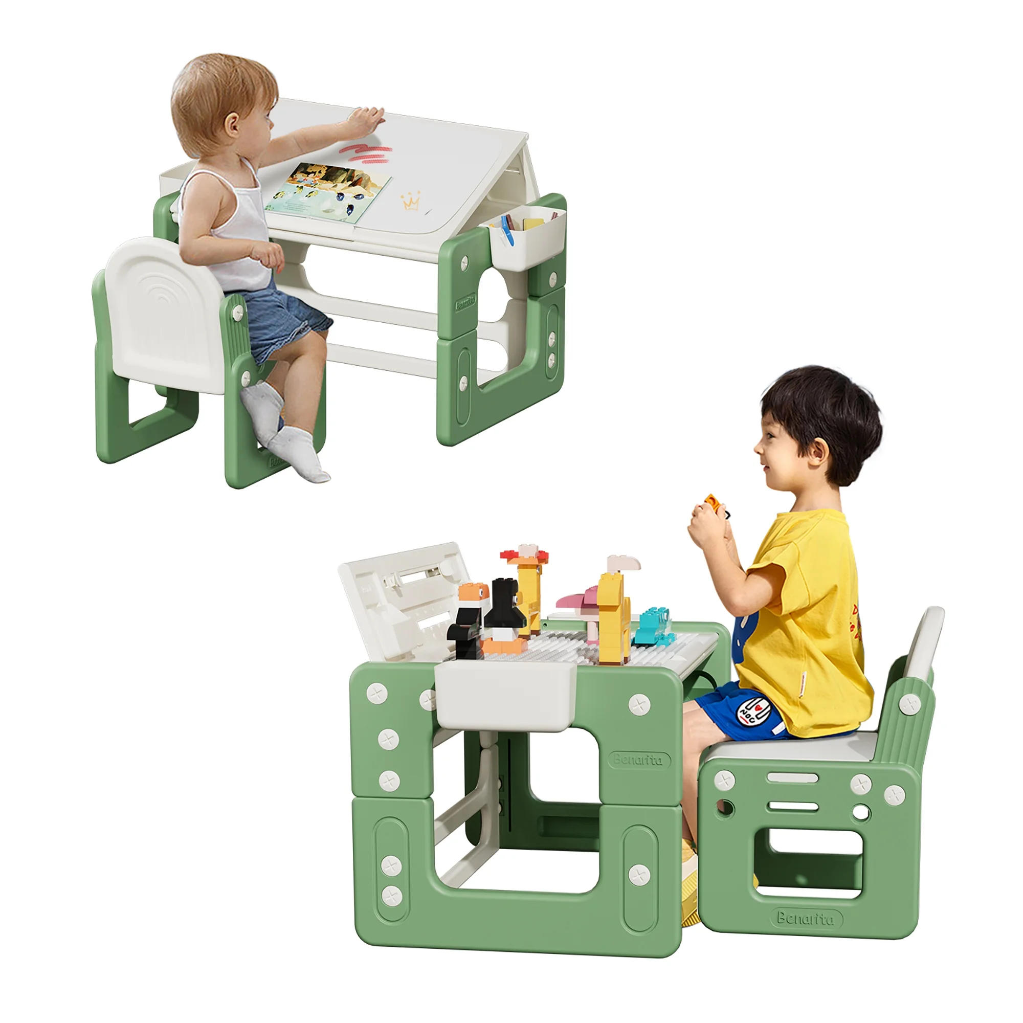3 in 1 Kids Table and Chair Set Toddler Building Block Table Children Play Table with Drawing Board Adjust Height Activity Desk with Storage, Green