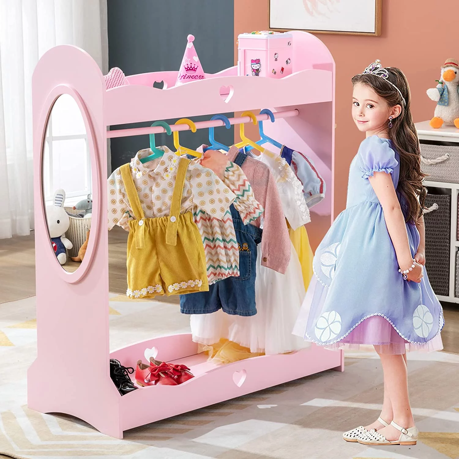 JOYLDIAS Kids Dress Up Storage Girls Armoire Closet with Mirror, Side Pocket, Storage (Pink)