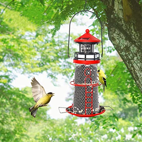 Solar Lighthouse Bird Feeder with Rotating Beacon - 14'' Hanging Mesh Wild Bird Feeders for Eaves, Balconies, Trees and Hooks for Bird Lovers