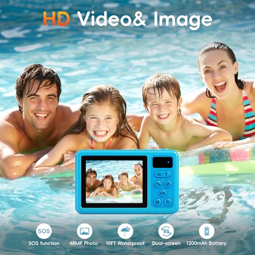 Underwater Digital Camera - MaxMango 10 FT Waterproof Floating Camera with 32GB Card, Dual Screen Selfie Camera for Snorkeling, Swimming, Skiing, 48MP 18X Autofocus Compact Point and Shoot Digital