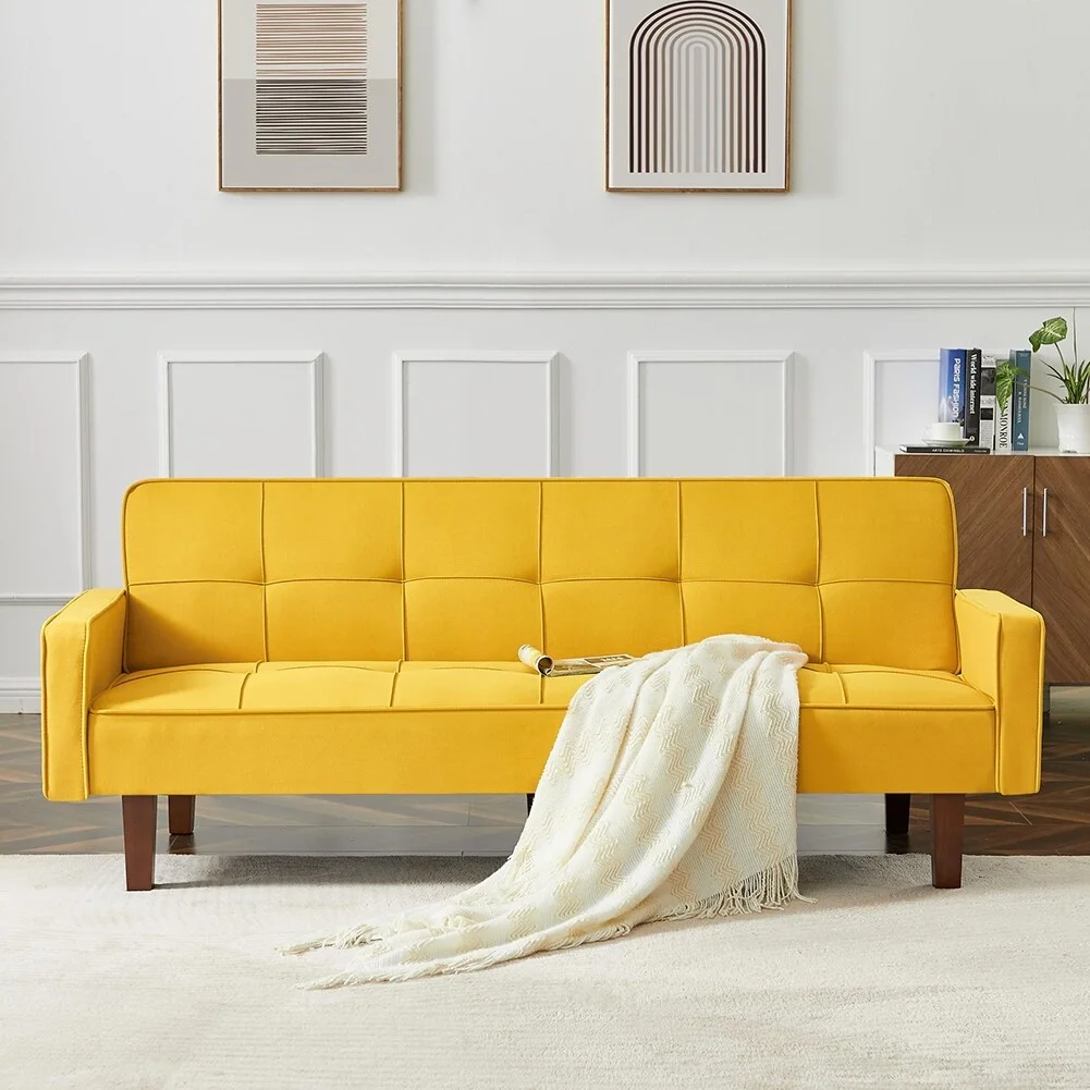 LivEditor Modern Linen Upholstered Sofa Bed with Solid Wood Feet Yellow