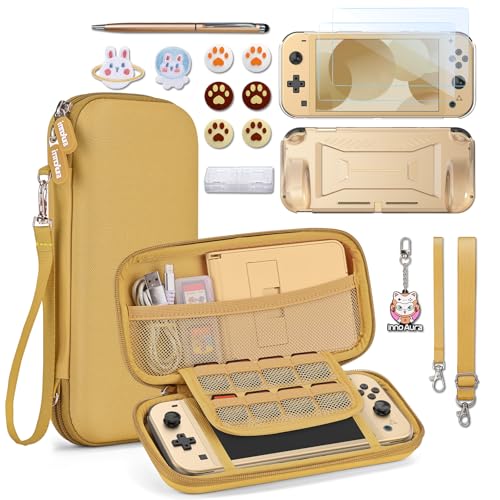 innoAura Switch Lite Case 18-in-1 Accessories Bundle with Protective Carrying Case, Game Holder, Screen Protector & Cute Thumb Grips (Coral)