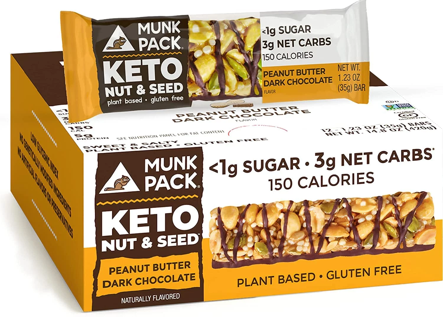 Nut & Seed Bar Peanut Butter Dark Chocolate | Munk Pack Low Carb Keto & Plant Based Snacks | Nutritious & Gluten Free | No Added Sugar, Erythritol Free Snack And Breakfast Bars | 12 Bars