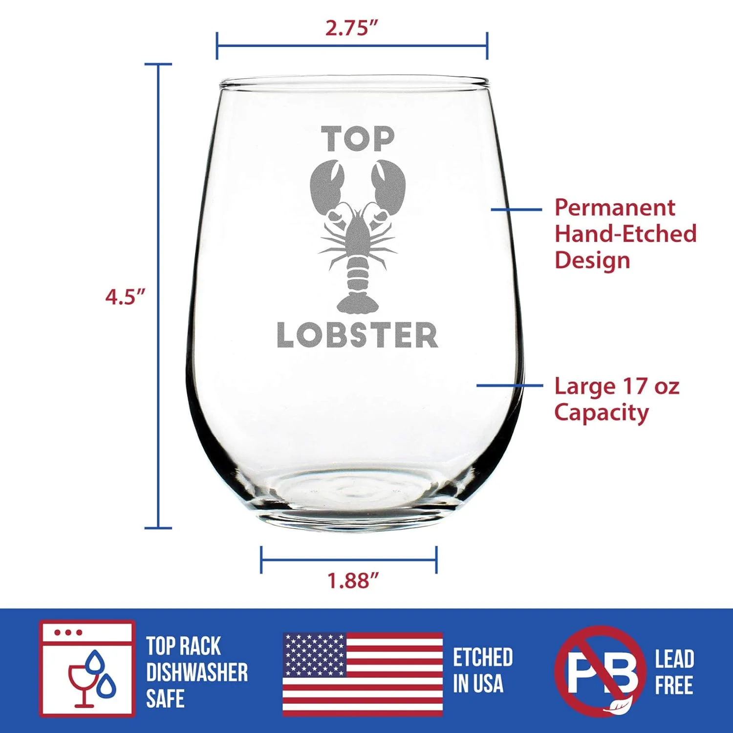 Top Lobster – Cute Funny Stemless Wine Glass, Large 17 Ounces, Etched Sayings, Gift Box