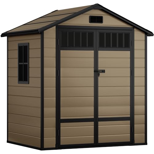 DWVO 6x4.4 FT Resin Storage Shed with Fence-Style and Side Windows, Lockable Door, and Vents for Garden, Backyard, Patio, Lawn, Brown