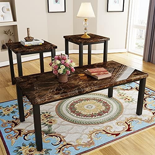 RUNFAYBIU Faux Marble Coffee Table Set of 3 Piece  Living Room Table Set Coffee Table & 2pcs End Table with Metal Frame Sofa Side Tables Perfect for Living Room Apartment Accent