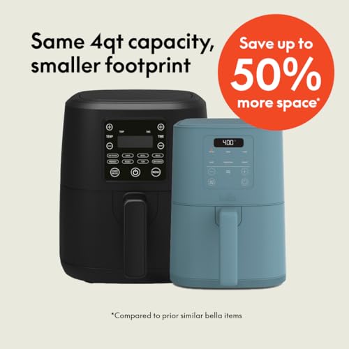 bella 4Qt Slim Air Fryer, Fits-anywhere™ Kitchenware, EverGood™ Ceramic Nonstick Coating, Adjustable Temperature, 6 Preset Cooking Options, 60 Min Auto Shutoff w Audible Tone, 3.3lb Capacity, Oatmilk