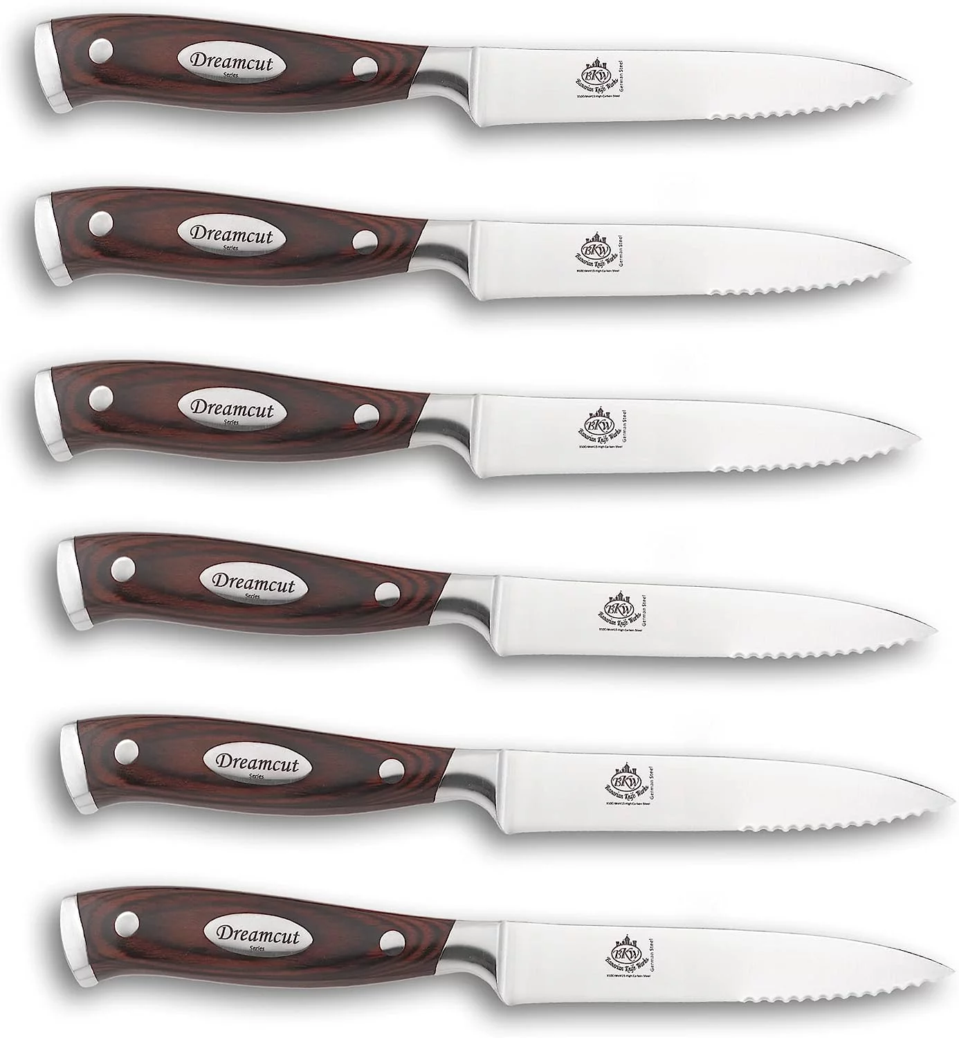 Bavarian Knife Works Set of 7 Steak Knives, German Steel Blades, Razor Sharp and Easy to Sharpen