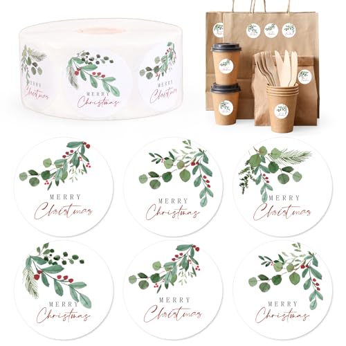 Whaline 1000 Pcs Merry Christmas Stickers Roll Xmas Holly Berry Mistletoe Self-Adhesive Seal Decals for Small Business Scrapbook Journal Envelope Winter Holiday Decor, 4 Designs