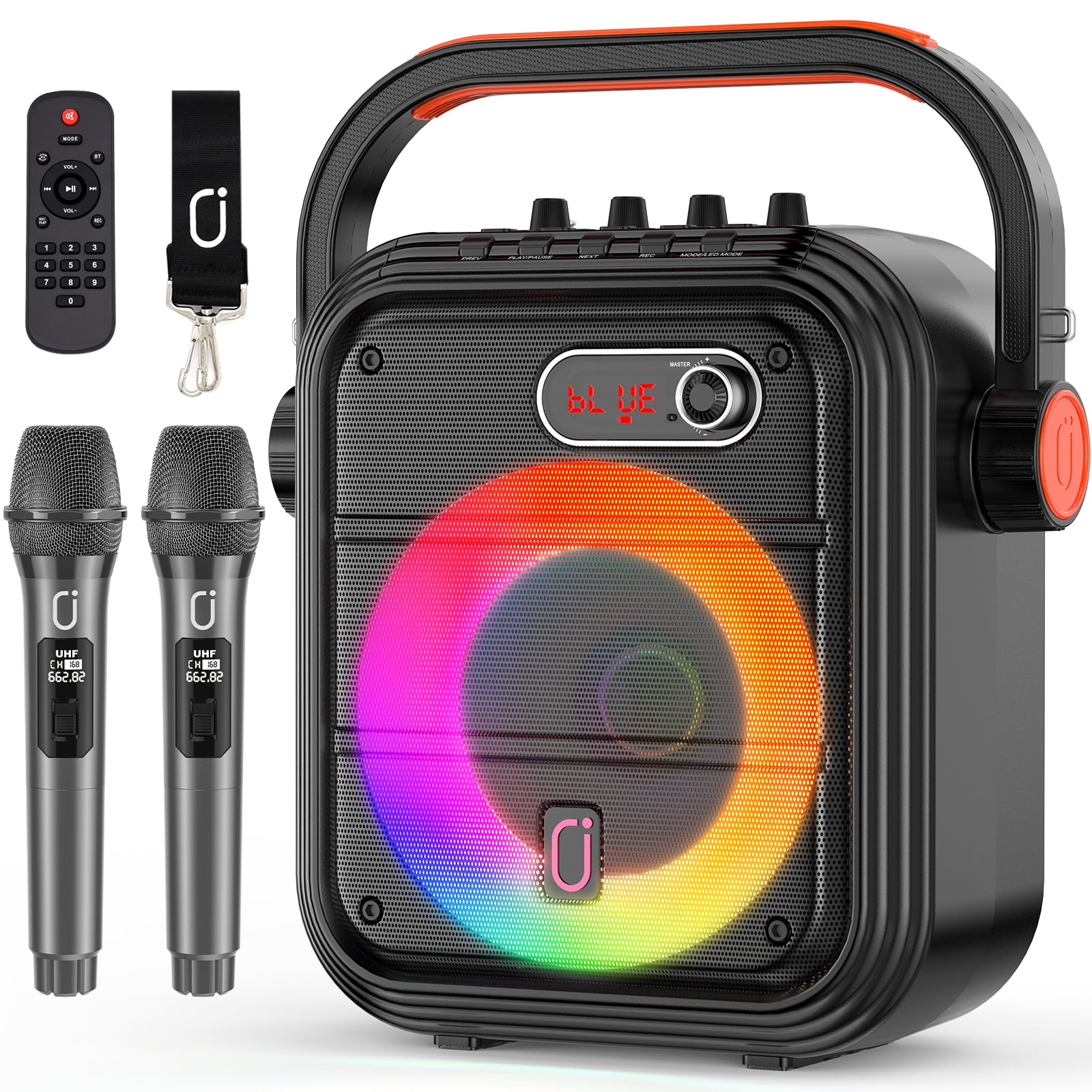 JYX 66Pro Karaoke Machine, Singing Machine Home Karaoke System with 2 Karaoke Microphones, Outdoor Bluetooth Party Speaker with RGB Light, FM Radio