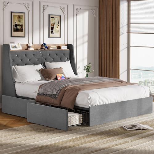 DWVO Queen Size Bed Frame with 4 Storage Drawers, Upholstered Platform Bed Frame with Wingback Storage Headboard, Outlets and USB Ports, Sturdy Wood Slats, No Box Spring Needed - Gray