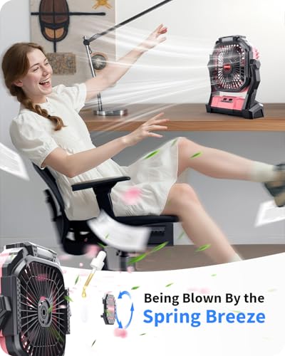 Portable Battery Operated Fan, 20000mAh Rechargeable Camping Fan with LED Lantern, Hang Hook, Camping Gear for Travel, BBQ, Fishing, Hurricane （Army Green）