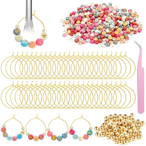 Outus 50 Set Personalized Wine Glass Charms Rings 1000 Letters Beads 100 Golden Beads 50 Tone Hoops 1 Tweezer Custom Charms Wine Glass Markers for Party Bridal Shower(Colorful,Round)