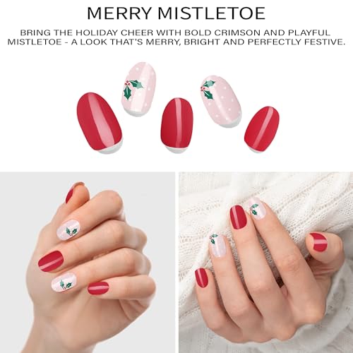 Semi-Cured Gel Nail Strips - 20 Salon-Quality Gel Sticker with UV Light Required, Long Lasting, Easy Application & Removal, Includes Prep Pad, Nail File, Wooden Stick (Merry Mistletoe)