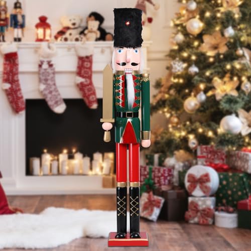 MUMTOP 42 Inch Nutcracker Christmas Decorations, Wooden Christmas Nutcracker Figure Ornament Christmas Large Nutcracker Soldier with Black Fur Hat Decor for Fireplace Indoor Home Front Door Winter