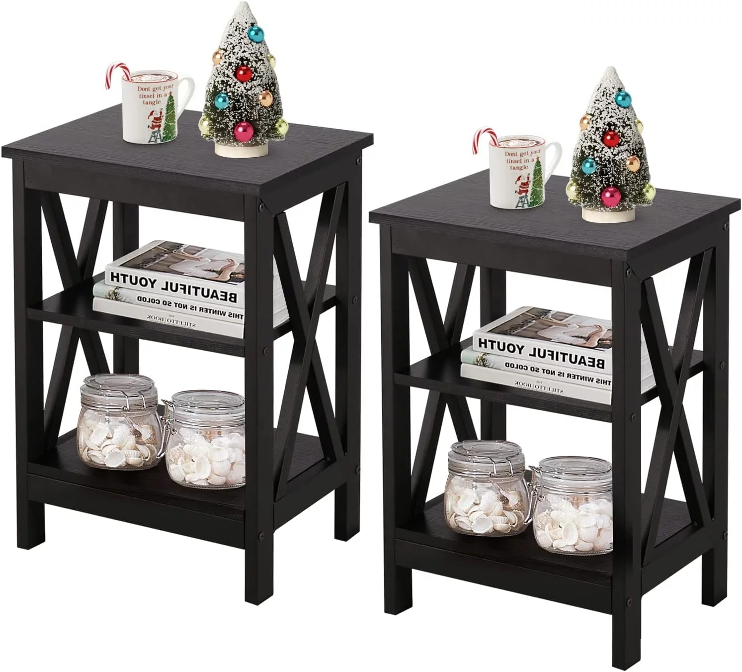 End Side Table with Storage Shelf Nightstands for Living Room,Bedroom Furniture,Shelves, 2 Pack, Black