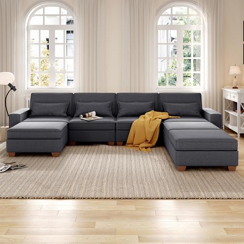 Modular Sectional Sofa, Convertible U Shaped Sofa Couch with Central Console & USB Ports, 7 Seat Modular Sectionals Couch with Chaise and Storage for Living Room, Light Grey