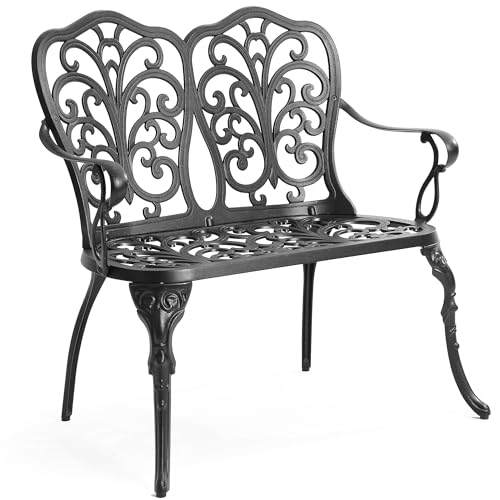 HOMEFUN Outdoor Bench, Patio Garden Benches Metal Loveseat Cast-Aluminum Outside Furniture for Park Lawn Front Porch Black