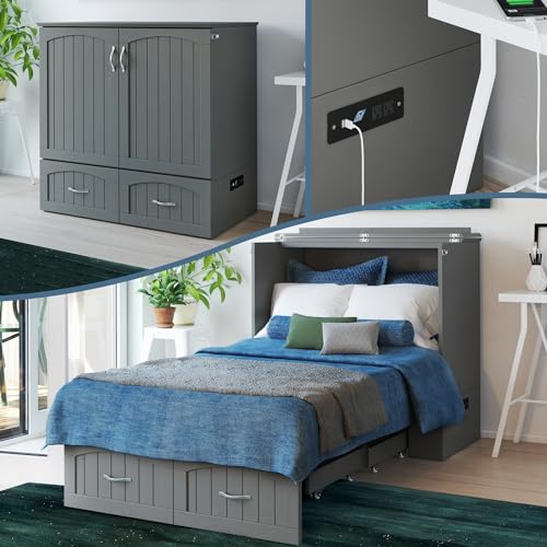 AFI Southampton Queen Murphy Bed Chest with Mattress, Storage, and Built-in Charger in Grey