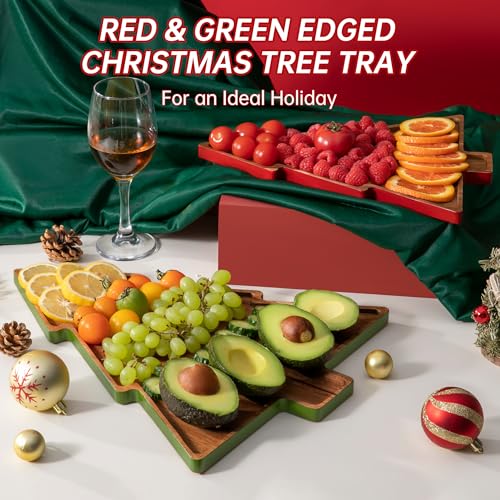 Christmas Charcuterie Board, Acaia Wooden Cutting Boards for Kitchen Decor, 2 Pack Christmas Tree Platters for Cheese Snacks Fruit Dessert Candy, Holiday Decorative Serving Tray with Gift Box
