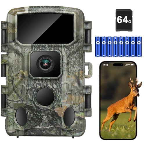 KJK Trail Camera,WiFi Trail Cam 4K 64MP Game Camera 64GB Memory Card 8 Batteries with Night Vision, IP67 Waterproof, 0.05s Trigger Speed and130°Wide-Angle 45pcs Infrared LEDs for Wildlife Monitoring