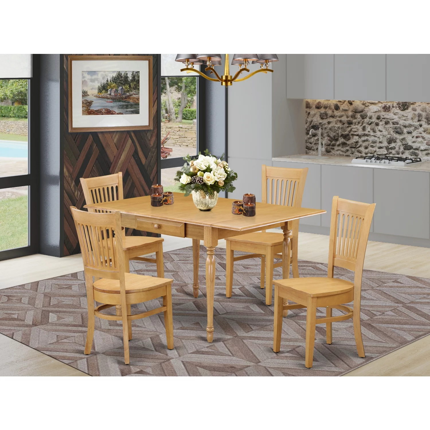 East West Furniture MZVA5-OAK-W 5 Pieces Wooden Dining Table set - Strong Drop Leaf Solid Wood Table and 4 Wooden Seat Dining Room Chairs, Oak Finish