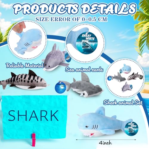 16 Sets Shark Party Favors Mini Shark Stuffed Animal with Lanyard and Educational Cards Sea Animal Plush Bulk for Kids Ocean Party Gifts