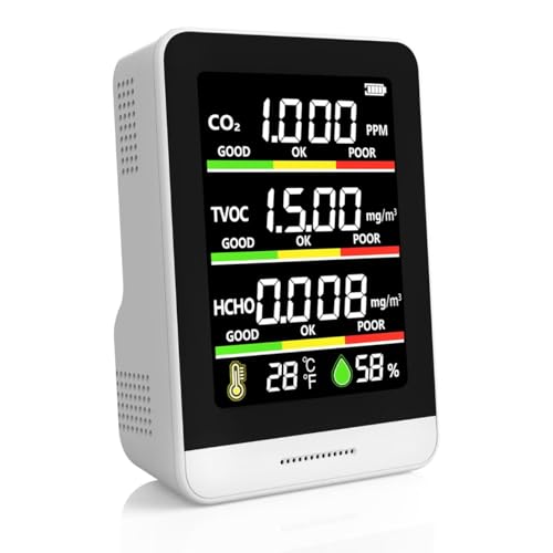 Air Quality Monitor Indoor,8-in-1 Smart Air Quality Tester with CO2, TVOC, HCHO, AQI, Temperature & Humidity, Real Time Display, Battery Powered, for Home & Office (White)