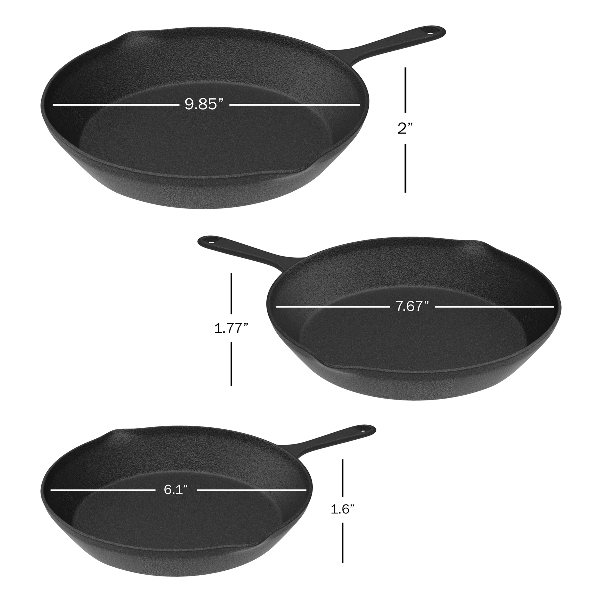 Frying Pans-Set of 3 Cast Iron Pre-Seasoned Nonstick Skillets in 10”, 8”, 6” by Home-Complete