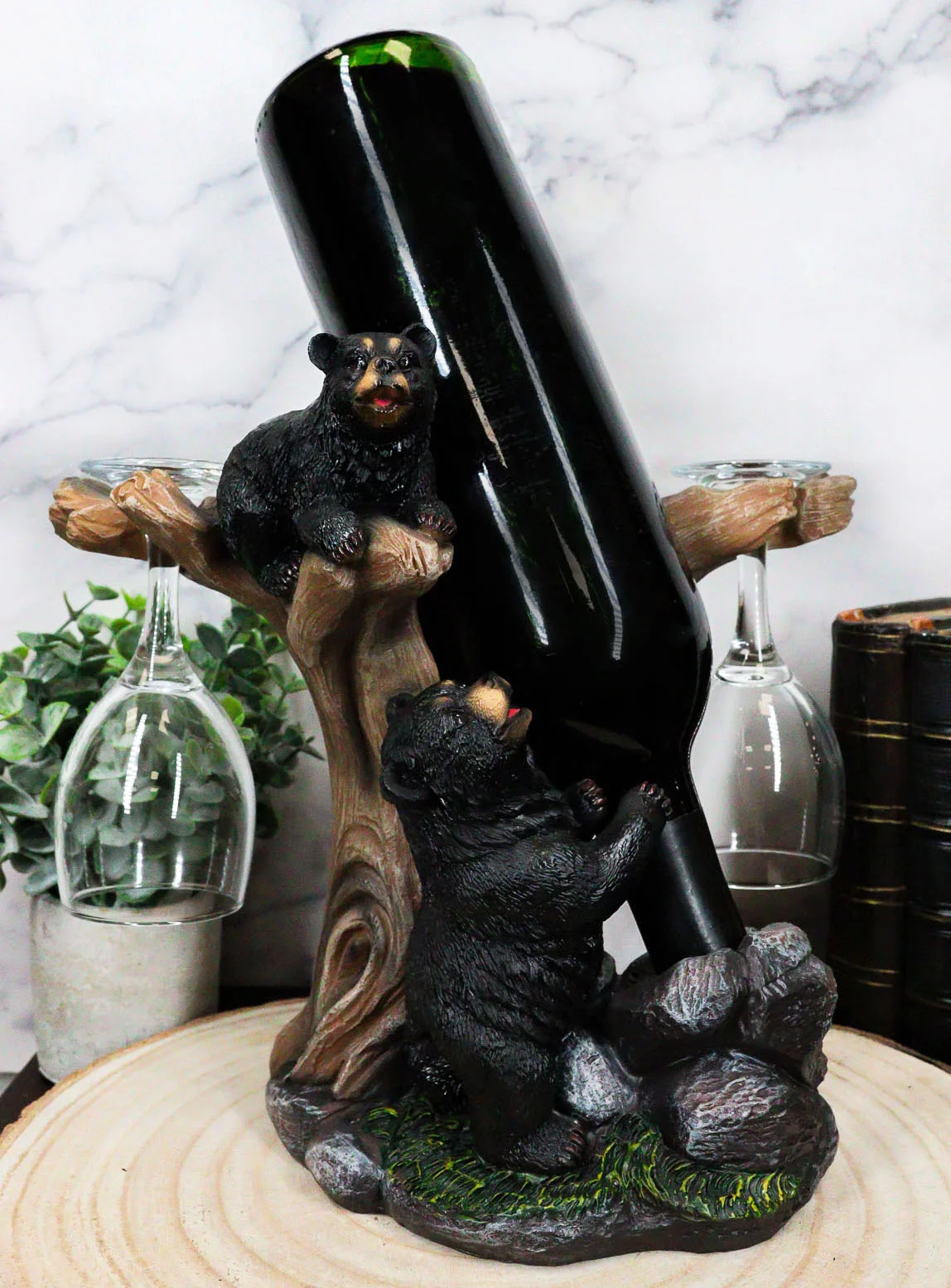 Ebros 10"H Climbing Black Bear Liquor Wine Glasses and Bottle Holder Figurine